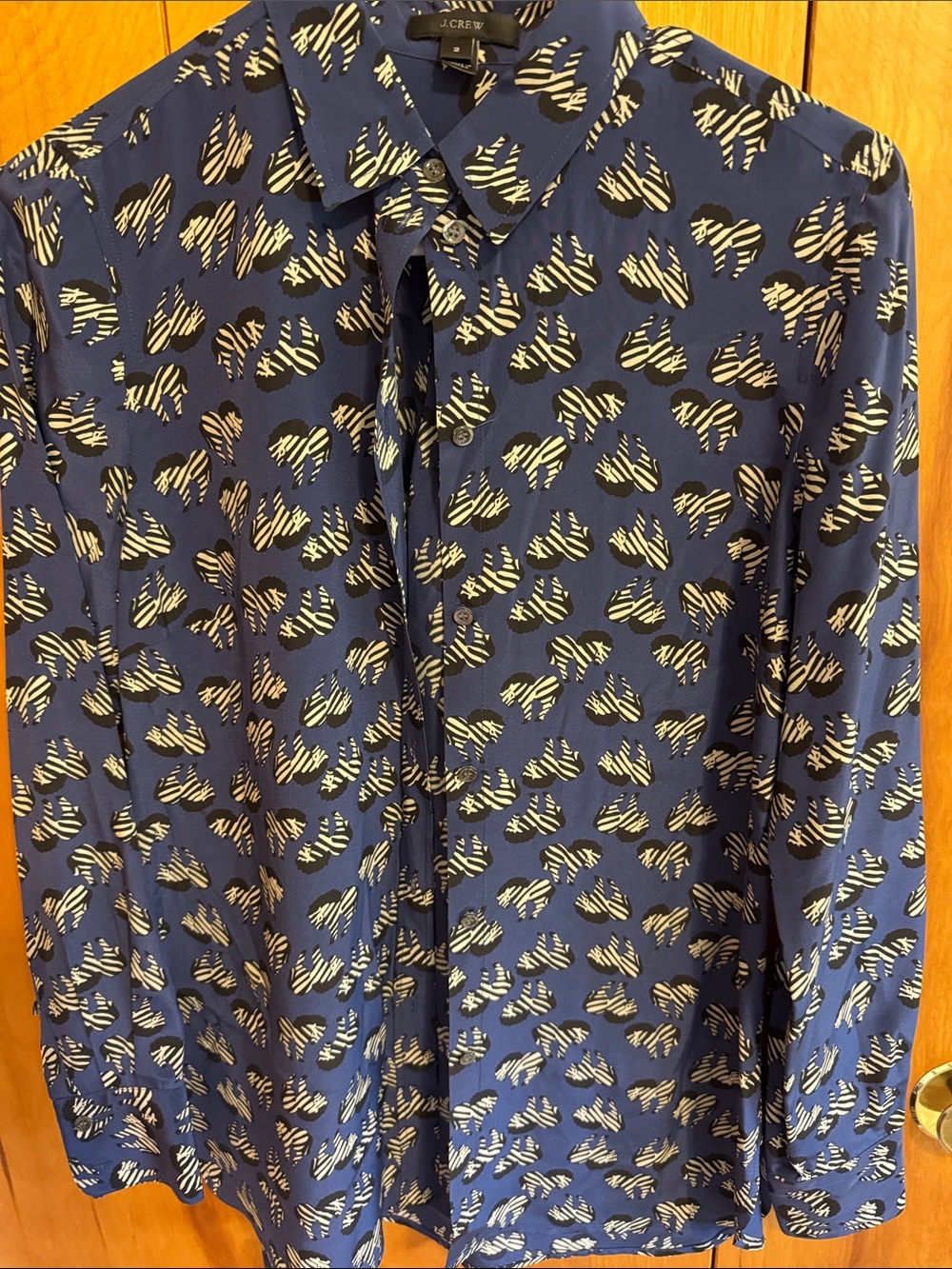 J. Crew Navy Button-Down Shirt with Ivory Zebra-Heart Print